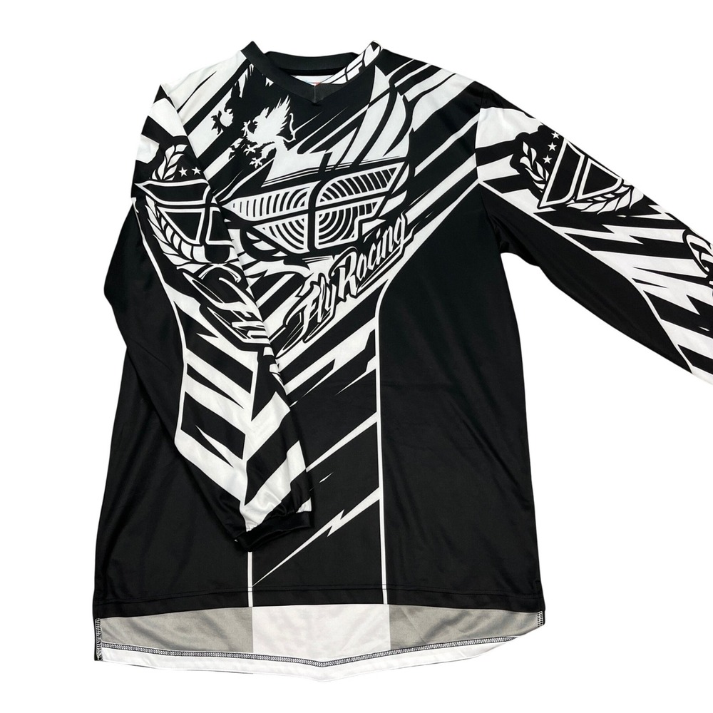 Fly Racing F-16 Motocross Jersey Mens Large Black White Graphic Long Sleeve EUC